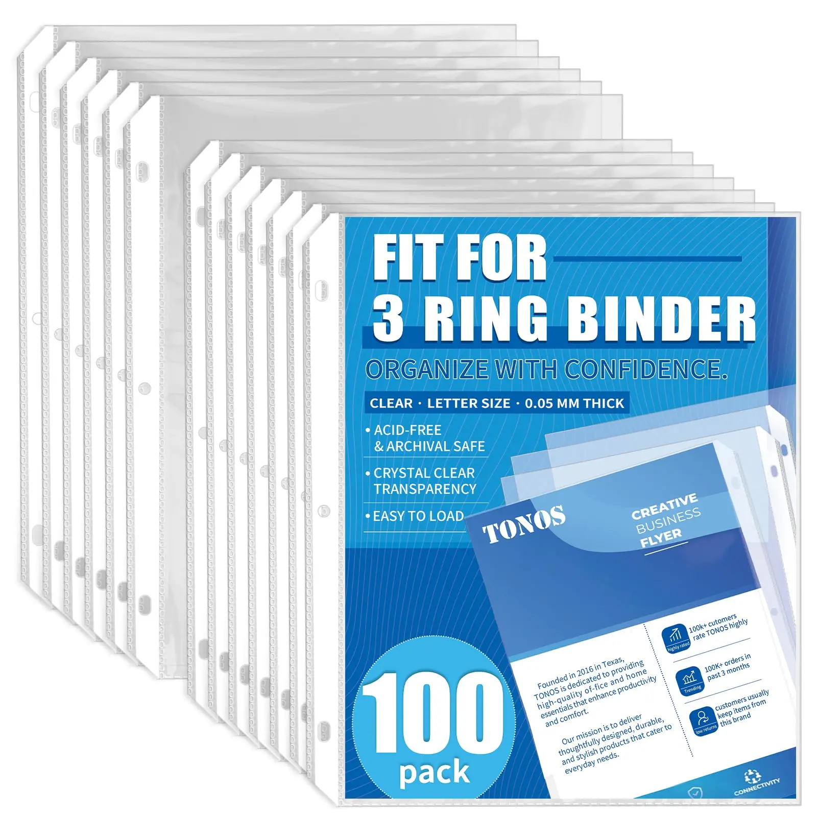 100 Pack Sheet Protectors for 3 Ring Binder - Clear Page Protectors & Plastic Sleeves for Paper 8.5x11 Inch, Binder Sleeves and Paper Protector Sheet for Document, Letter Size, Top Loading