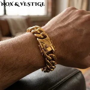 NOX & VESTIGE 18K Gold Plated Miami Cuban Chain Bracelet 14mm Heavy Duty Stainless Steel Hypoallergenic Hip Hop Jewelry Skin-Safe Tarnish-Free