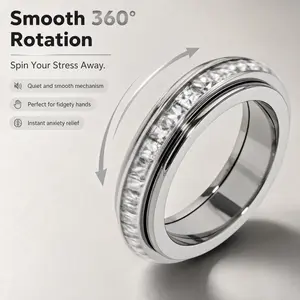 Women's Silver Stainless Steel Geometric Cube Fidget Ring - 360-Degree Rotatable Anti-Stress Kinetic Band, Costume Jewelry Gift for Anxiety Relief, Kinetic Rings
