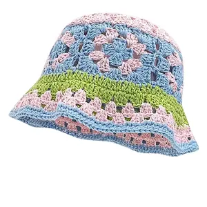 Pink-Multi Hand-Crocheted Floral Bucket Hat with Colorful Stripes and Crochet Patterns