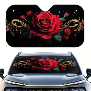 1pc Valentine's Day blooming rose car windshield sunshade, Automotive glass sunshade, designed red roses, with gold decorations, keeps vehicle cool, includes 4 suction cups for easy installation, foldable for storage, suitable for cars, SUVs and trucks
