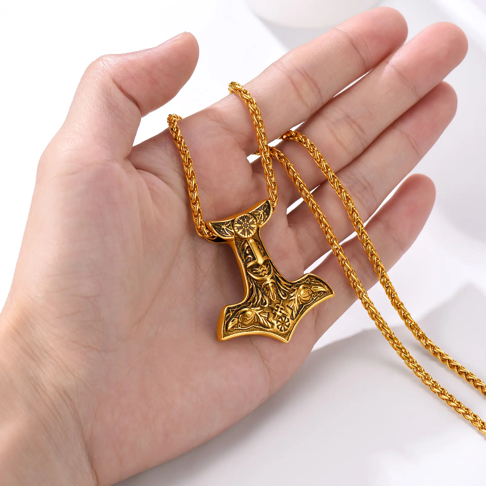 U7 Viking Thor's Hammer Pendant Necklace, Odin Amulet Jewelry for Men with Wheat Chain