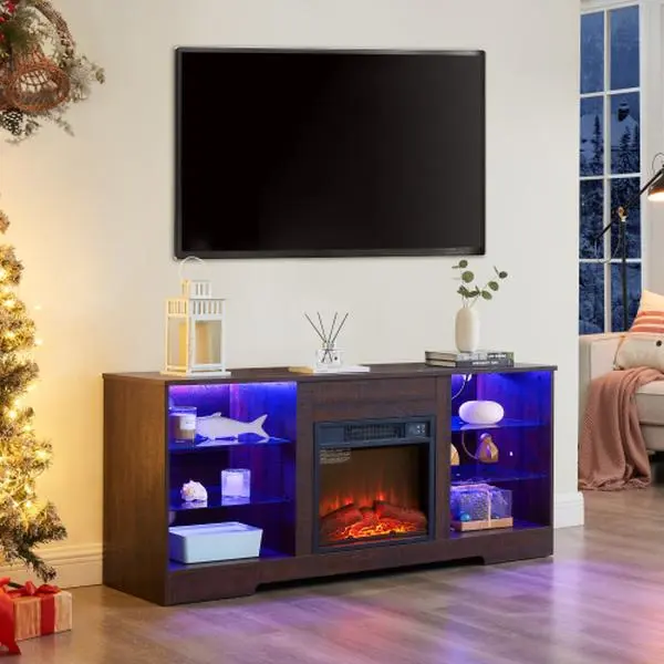 Bellemave 2-IN-1 MDF TV Cabinet Fireplace Stand - Glass Shelves, LED Kit Lights, Modern Design, Adjustable Realistic Flames, Stable Base, Easy Setup, Black Indoor Living Room Piece for 32-62 TVs, Tv Console Decor