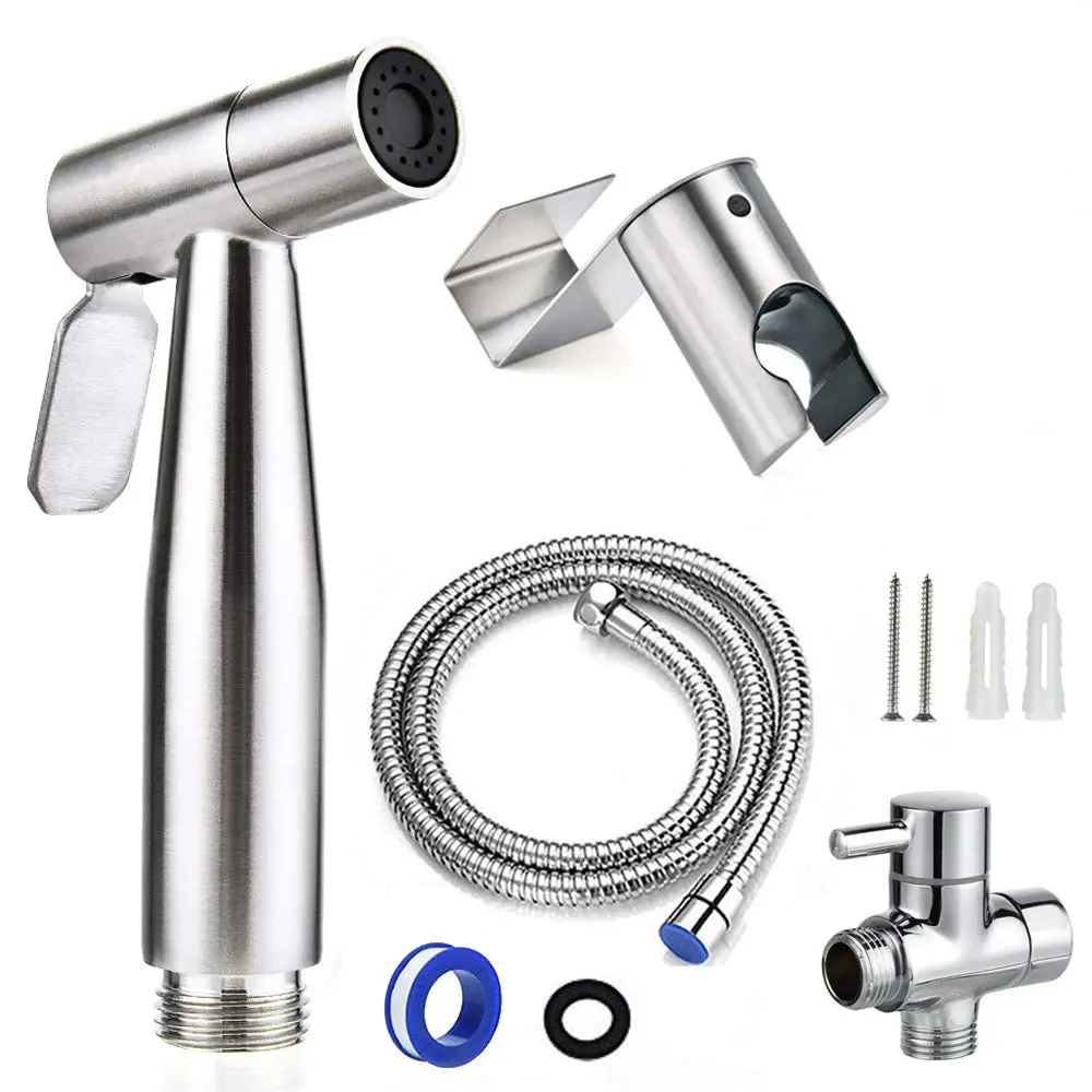 304 Stainless Steel Silver Handheld Bidet Sprayer Kit for Toilet with Bidet Attachments, Leakproof Hose, 7/8-in T-Valve, Adjustable Pressure, Jet & Soft Modes, Wall Mount, Floor Install for Camping, Baby Baths, Kids, Adults, Sick Users
