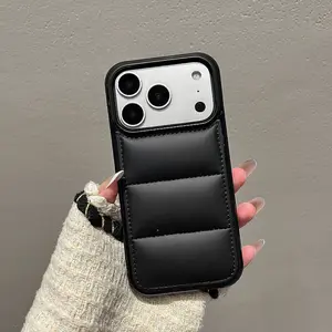 Stylish black down jacket-shaped phone case compatible with iPhone 16 15 14 13 12 11 Pro Max Pro Plus series Features a minimalist solid color design with drop protection and anti-slip grip for enhanced device safety Ultra-thin an