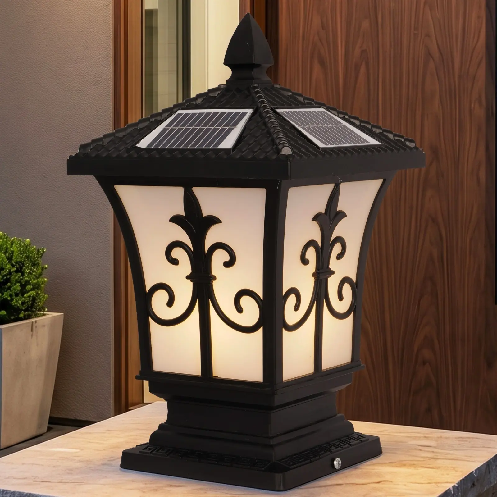 Solar Post Light, 7.9 Inch Outdoor Pillar Lamp, 13.4 Inch Black Fence Column Light, IP65 Waterproof Gate Lantern, Remote Control 4 Color Modes, Solar And Hardwire Dual Use