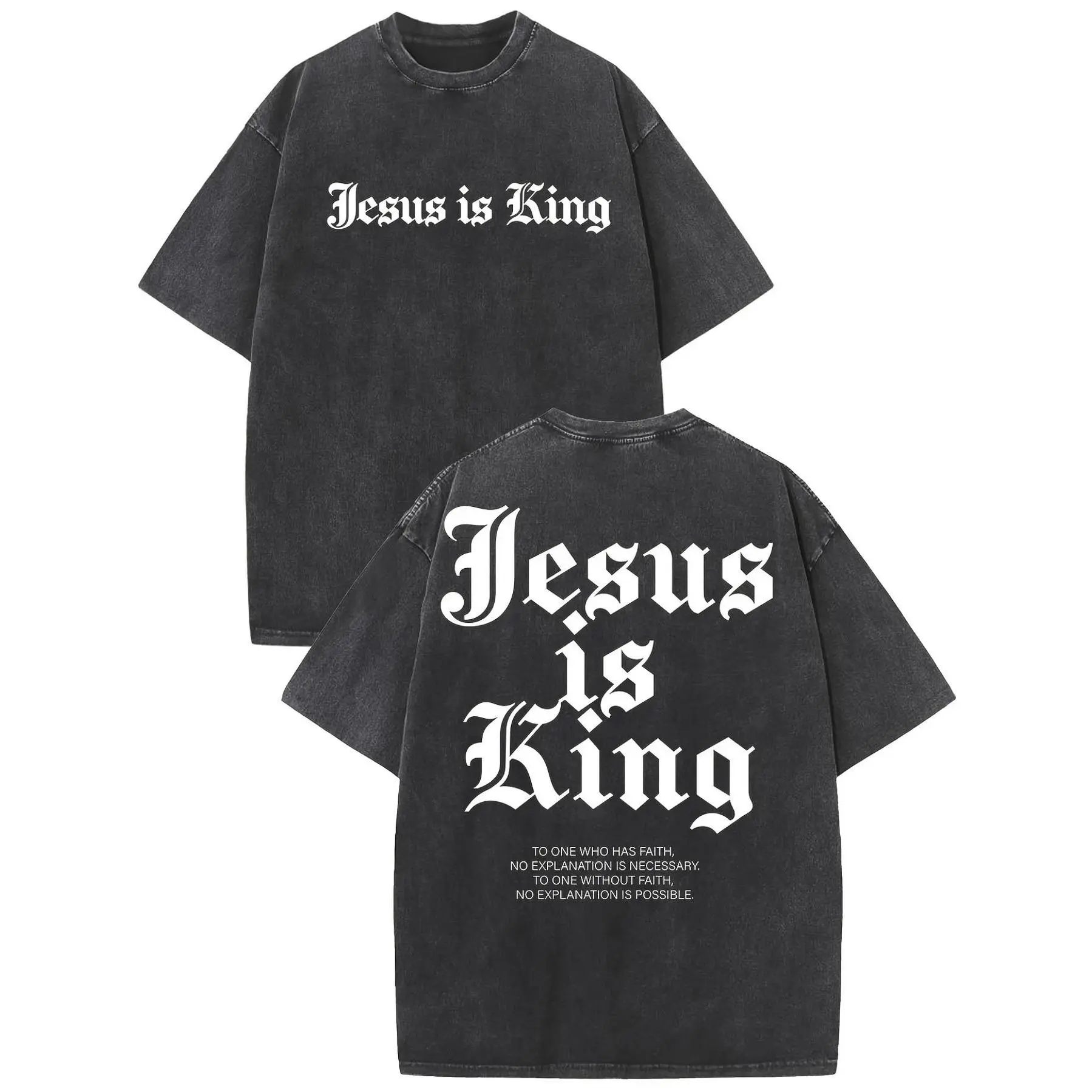 Water-Washed Cotton Graphic Tshirt, "Jesus is King" Retro Shortsleeve Streetwear Top with a Loose Fit and Round Neck, Menswear, T-Shirt