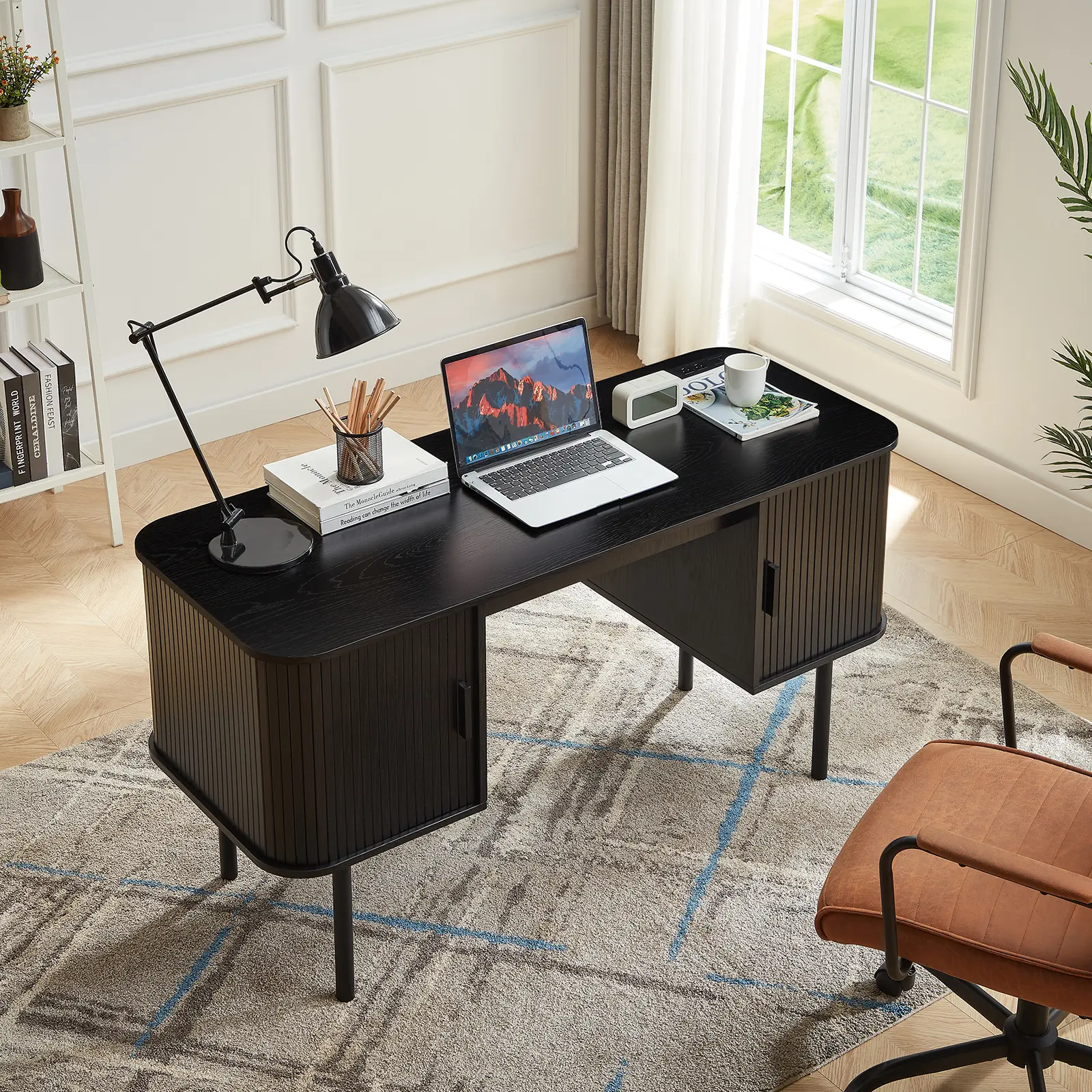【SummerFinds】ONBRILL Computer Desk With 2 Storage Cabinets, Mid Century Executive Desk With Charging Station, Modern Home Office Large Desk With Adjustable Metal Legs