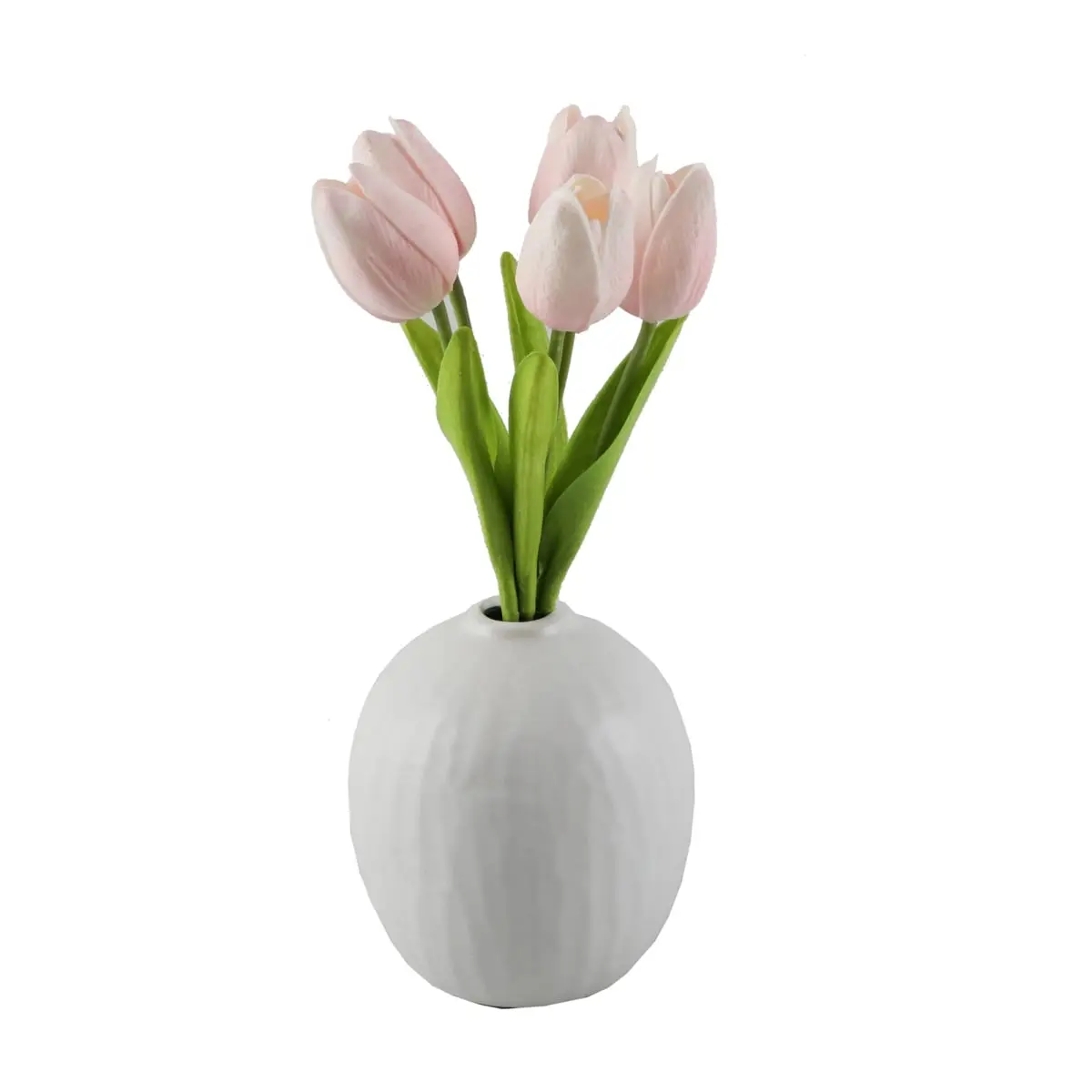 Flora Bunda CS4555E-PK Chic Pre-Assembled Decorative Ceramic Vase Set with All Long-Lasting Indoor Artificial Real-Touch Tulip Flowers - 5 Tulips in 5 in H Vase, 11.25 in H Set, 1.4 lb, for Entryway Decor