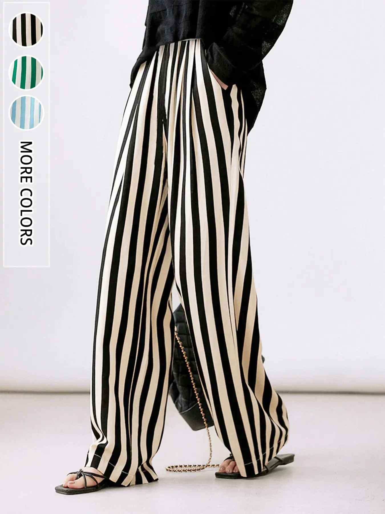 Women's Fashion Elegant Chic Aesthetic Colorblock Wide Leg Striped Elastic Pants, Commuter Office Wear, Indoor Outdoor, All Seasons, Stylish and Comfortable