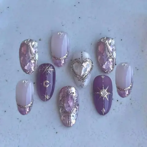 Crystal Heart Rhinestone Star Moon French Style Wind Removable Wearable Nails Press Ons Nail Set, Transferable Nail Art, 30 Pieces, Flammable Liquid, No Ca Prop 65 Re, Star Pattern Rhinestones, Nail Art Supplies, Nail Art Products