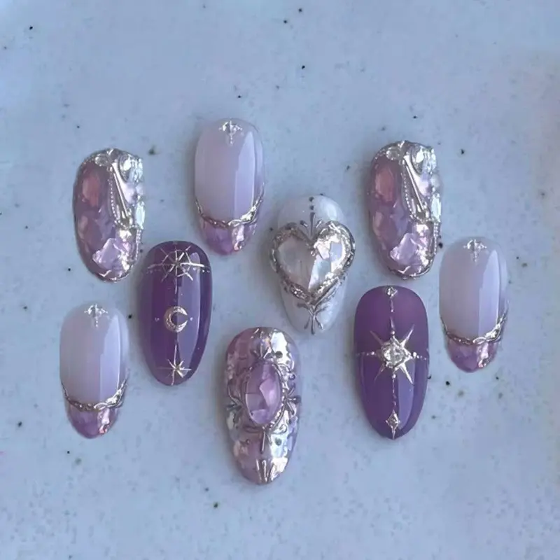 Crystal Heart Rhinestone Star Moon French Style Wind Removable Wearable Nails Press Ons Nail Set, Transferable Nail Art, 30 Pieces, Flammable Liquid, No Ca Prop 65 Re, Star Pattern Rhinestones, Nail Art Supplies, Nail Art Products