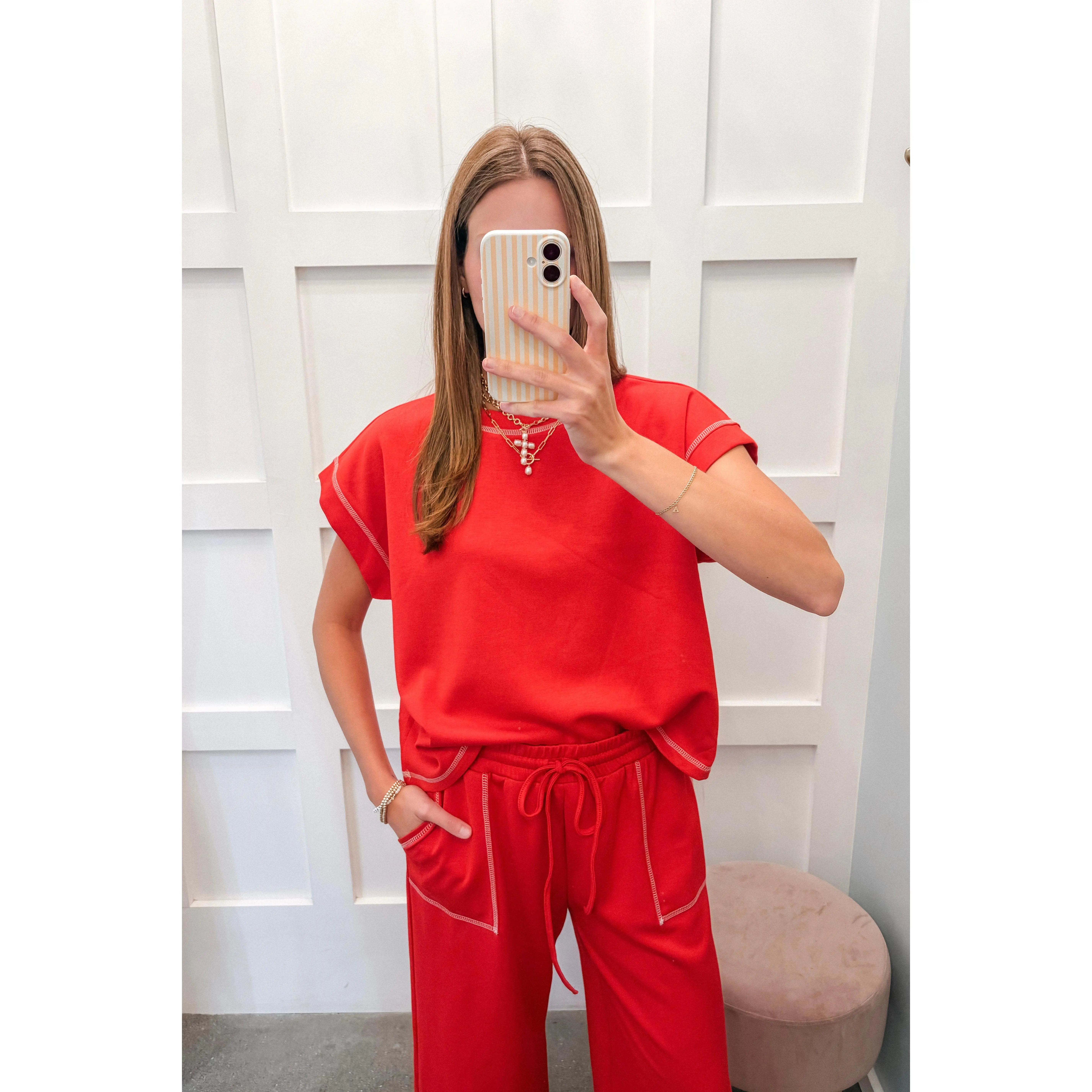 Sunday Scuba Contrast Stitch Lounge Top-Red