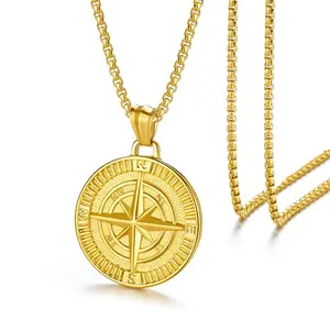 Skyrim Compass Round Pendant Necklace Women Men Neck Chain Hiphop North Star Sailing Travel Jewelry Gift Hip Hop Punk Jewelry Fashion Accessory Gift Gold Plated Amulet Necklinphalt