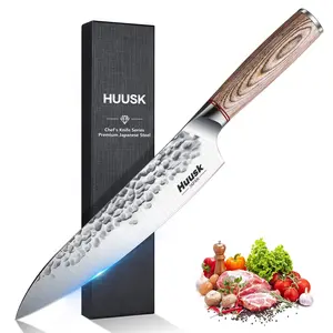 Huusk Chef Knife 8-inch, kitchen knife High Carbon Steel Japanese Gyutou Kitchen Knife for Meat Vegetables Cutting - Blade, Wood Christmas BlackFriday Gift