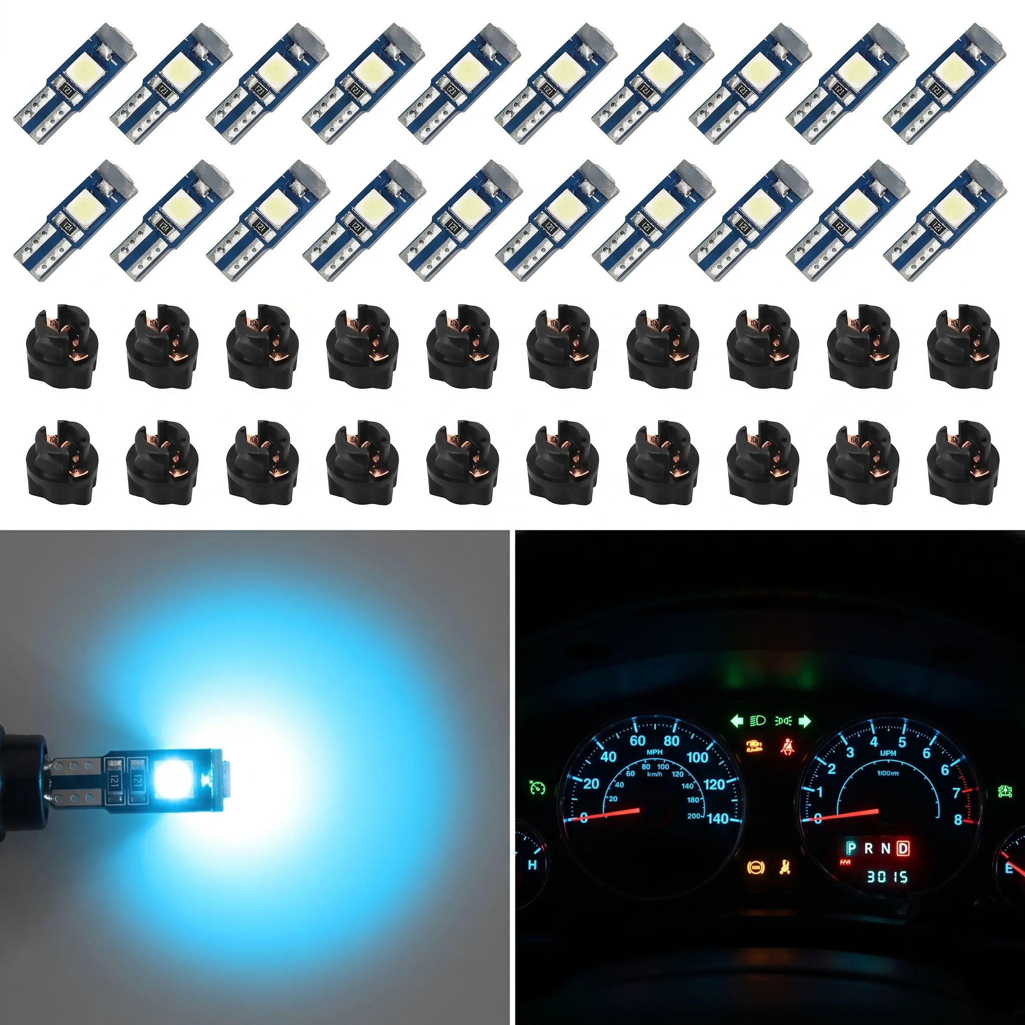 20-Piece T5 Ice Blue LED Car Lights Interior - Dimmable LED Dashboard Lights, Car Interior Lighting, Blacklight for Dome, Door, Instrument Panel Cluster (Christmas Gift Option)