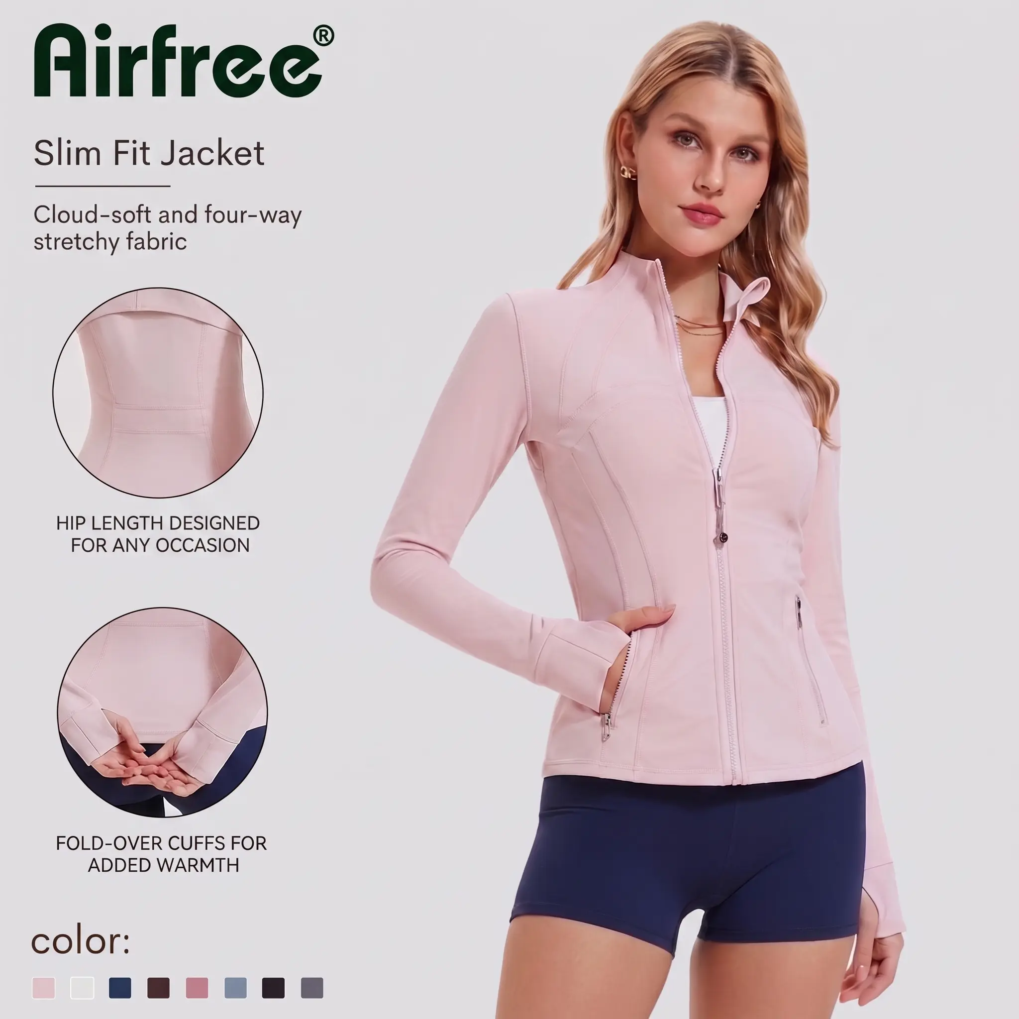 Airfree Women's Trendy Gold-Zipper Tight-Fit Sports Jacket – High-Elastic Long Sleeve with Thumb Holes, Sculpting Athletic Workout Top Perfect for Gym, Hiking & Daily Wear, Summer Vibe, sohochic, TikTokShopBackToSchool