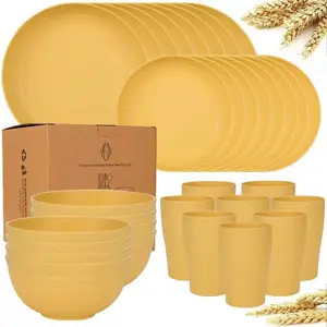 16/24/32pcs Wheat Straw Tableware Set, Multiple Colors, Dishes, Dessert Plates, Bowls, Cups, Dinner Sets, Ideal for Outdoor Gatherings, Family Parties