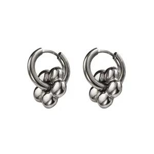 Puffy Flower Huggie Hoop Earrings - Pair - Stainless Steel