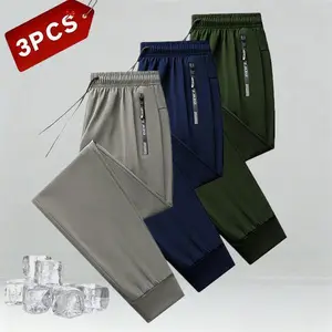 Men's Ice Silk Running Pants 1-Piece Set - Lightweight Fast Drying Pants with Drawstring and Zipper Pocket | Elastic Waist Casual Sports Pants