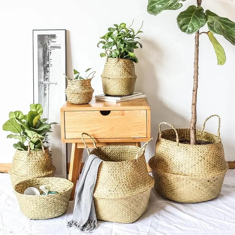 Boho Seagrass Belly Basket – Woven Storage Basket for Home Decor