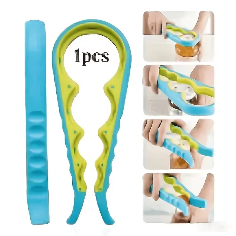Four in One Anti Slip Can Opener, Equipped with an Ergonomic Silicone Handle - A Manual Kitchen Tool Suitable for Reducing Arthritis, Can Open Cans, Jars, And Jam Lids - Durable Plastic, Available in Blue