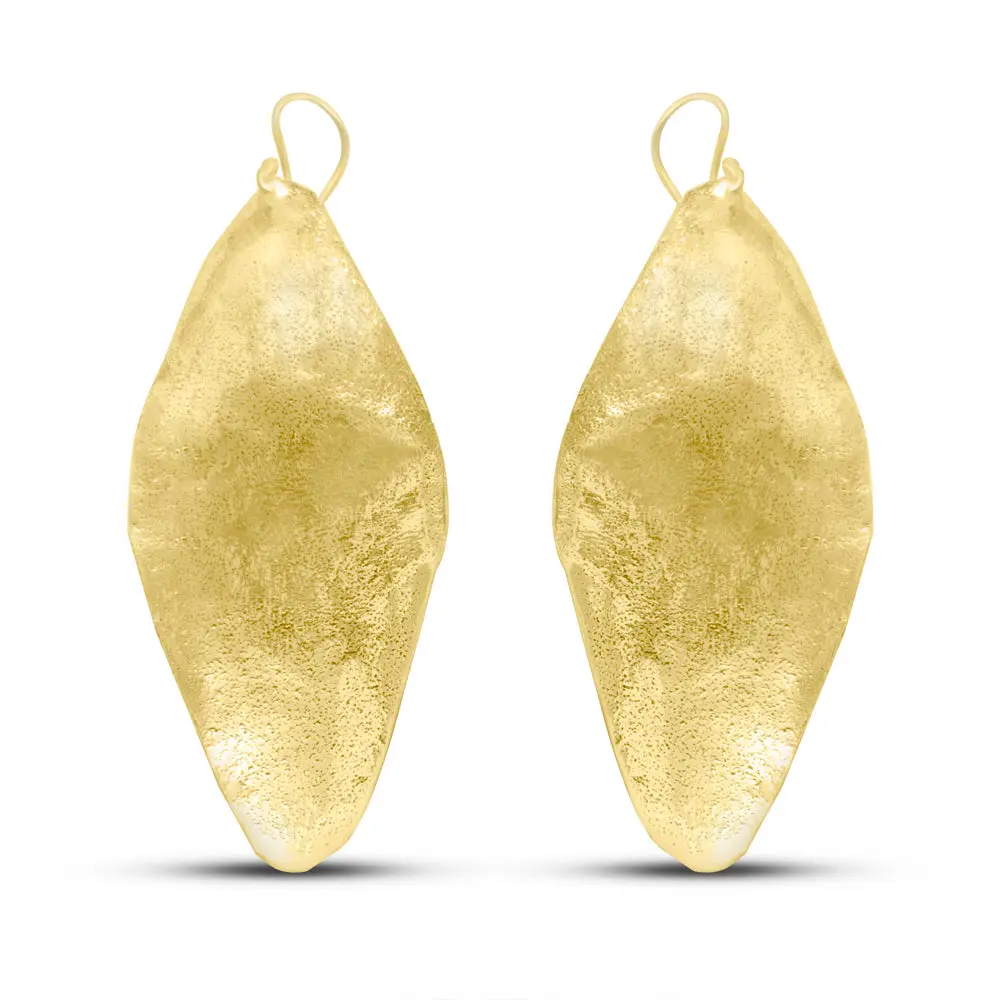Long Gold Plated Fulani Leaf Drop Earrings - 18k Gold Plated Brass Hypoallergenic Nickel-Free Fish Hook Design African Art Inspired Jewelry