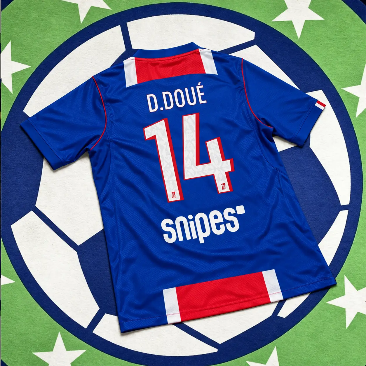 D. Doué #14 Soccer Jersey – Blue and Red with White Details, Short Sleeve Crew Neck Soccer Fan Shirt for Game Day and Casual Wear