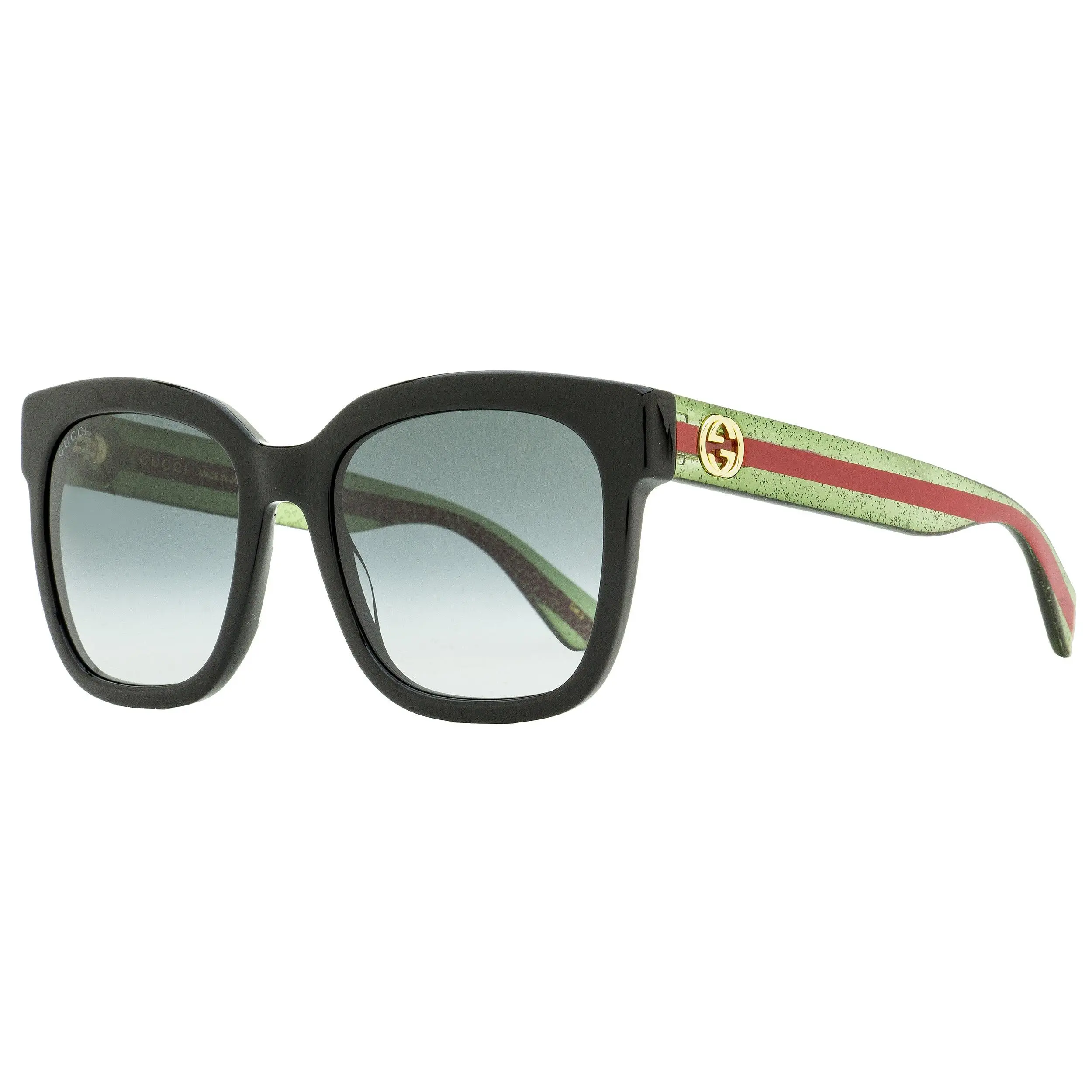 GUCCI Square Sunglasses GG0034SN, Black Acetate Frame with Green/Red Stripe and GG Logo, 100% UV Protection, 54mm, Square Eyewear, Trendy Square Sunglasses