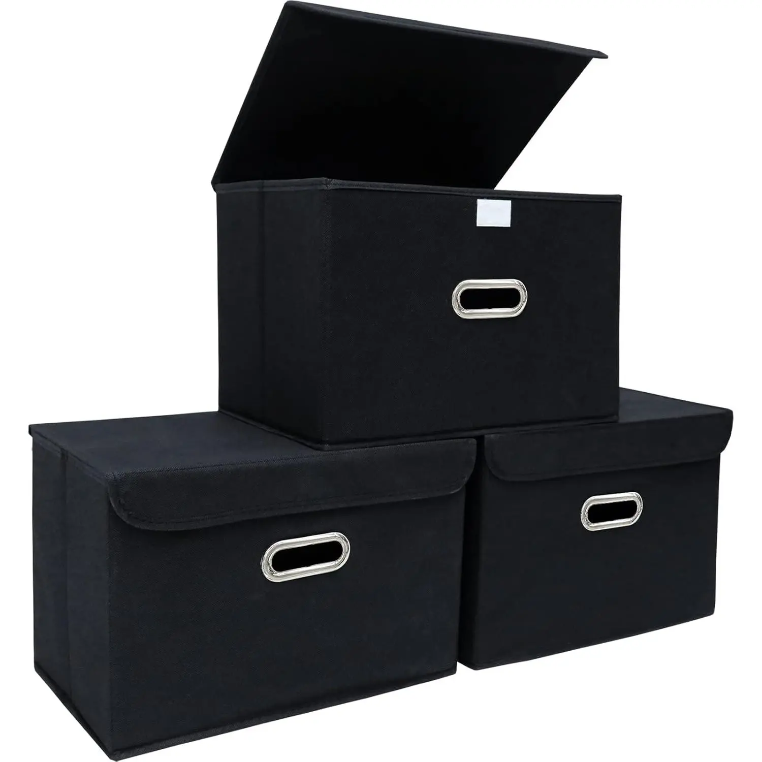 3-Pack Black Foldable Fabric Organizer Cube Bins with Lids & Metal Handles - Collapsible Home Supplies for Storage Organization, Bedroom Closet