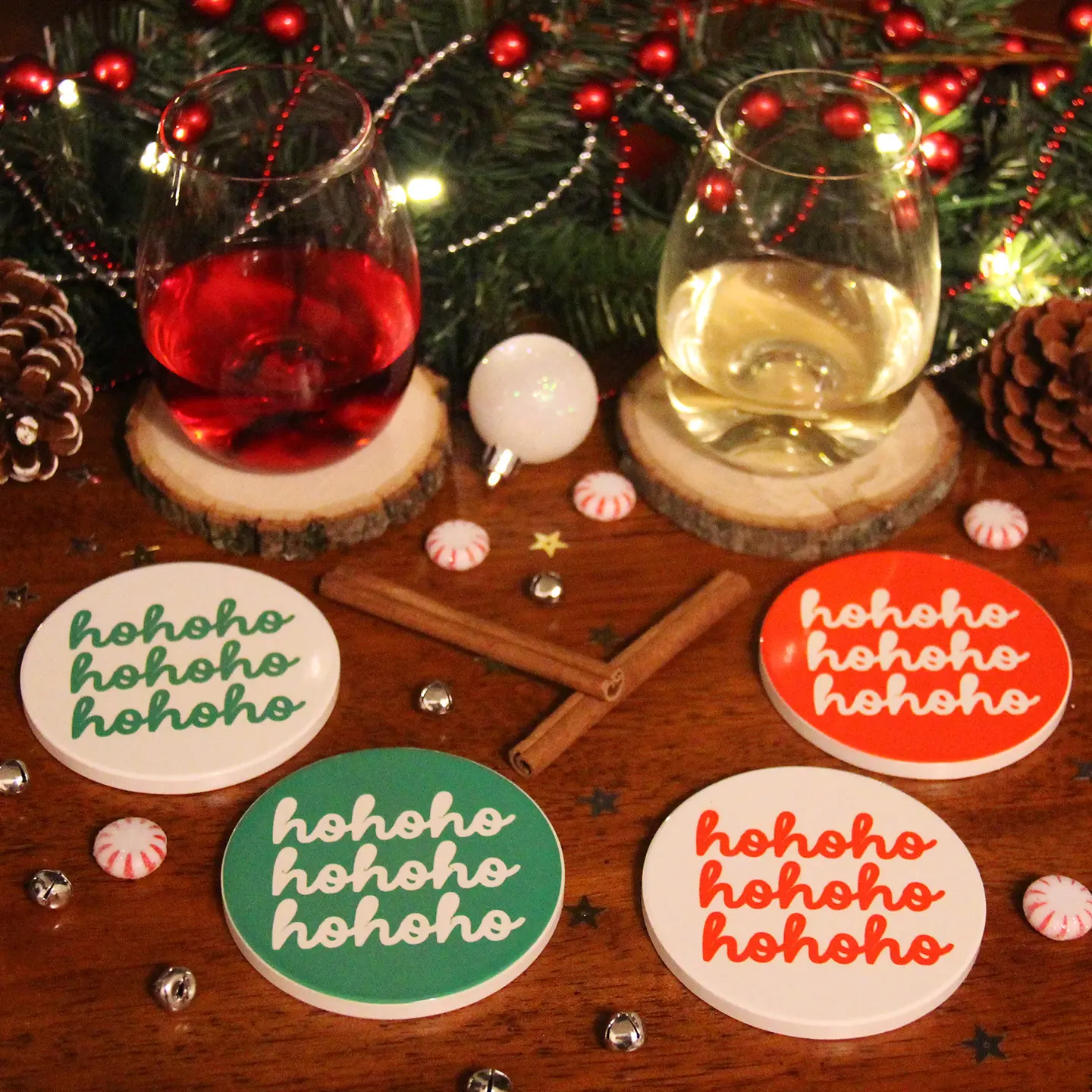 Hohoho Ceramic Coasters (Set of 4) - Santa Claus Round Coasters - Winter Coaster Gift Set - Christmas Ceramic Coasters - Holiday Coasters
