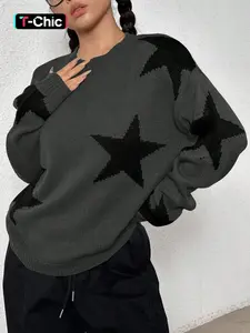 Women's Round Neck Colorblock Star Jacquard Sweater, Loose-Fit Casual Knitted Pullover, Cute Style for All Seasons, Knitwear
