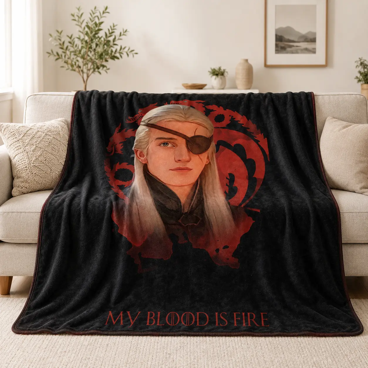 Aemond Targaryen Printed Fleece Throw Blanket, House of the Dragon My Blood is Fire Soft Plush Cozy Blankets for Couch Bed, Gift for GOT Fans