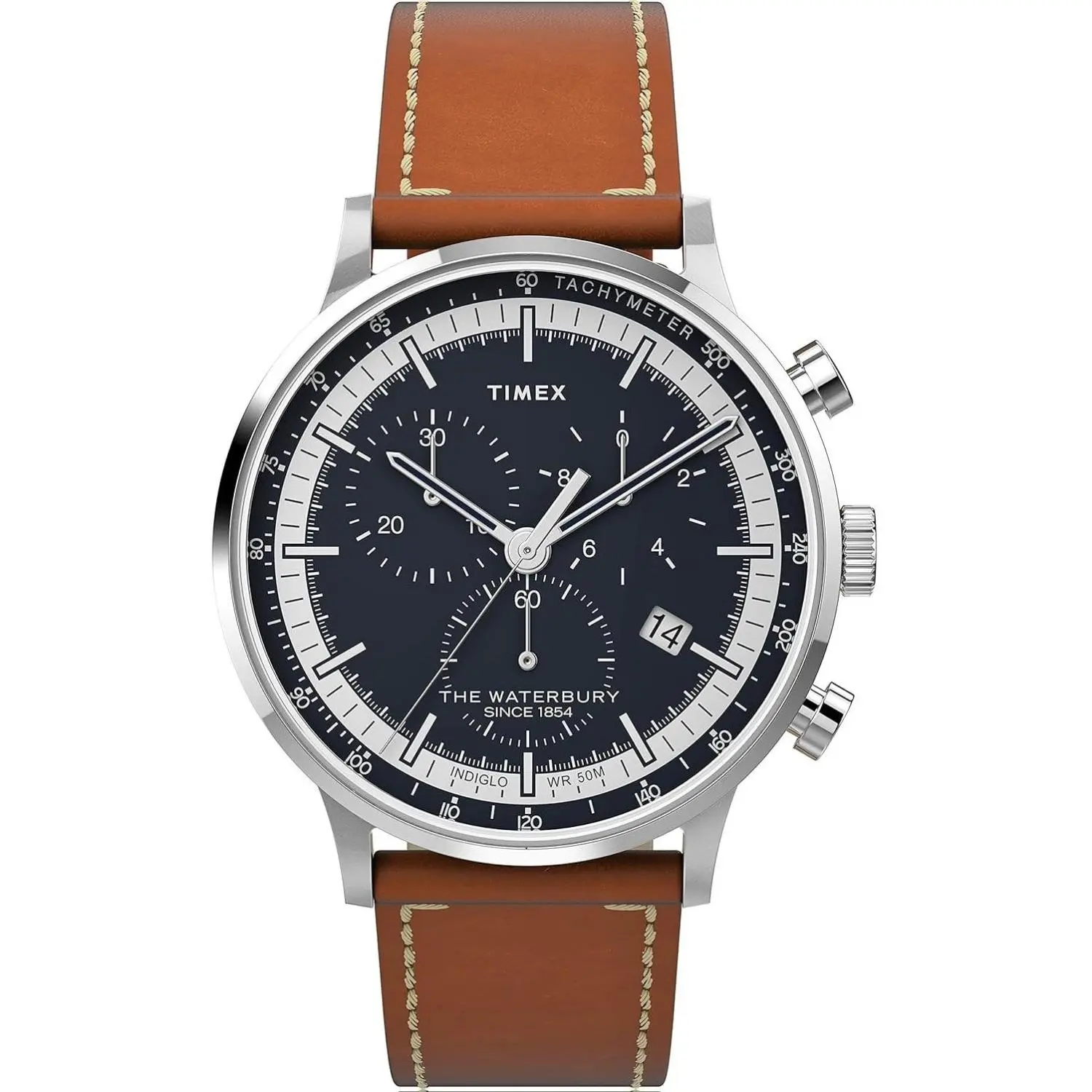 Timex Men's Waterbury Classic Chrono 40mm Stainless Steel Quartz Dress Watch with Brown Leather Strap & Navy Dial Quick Release Spring Bars