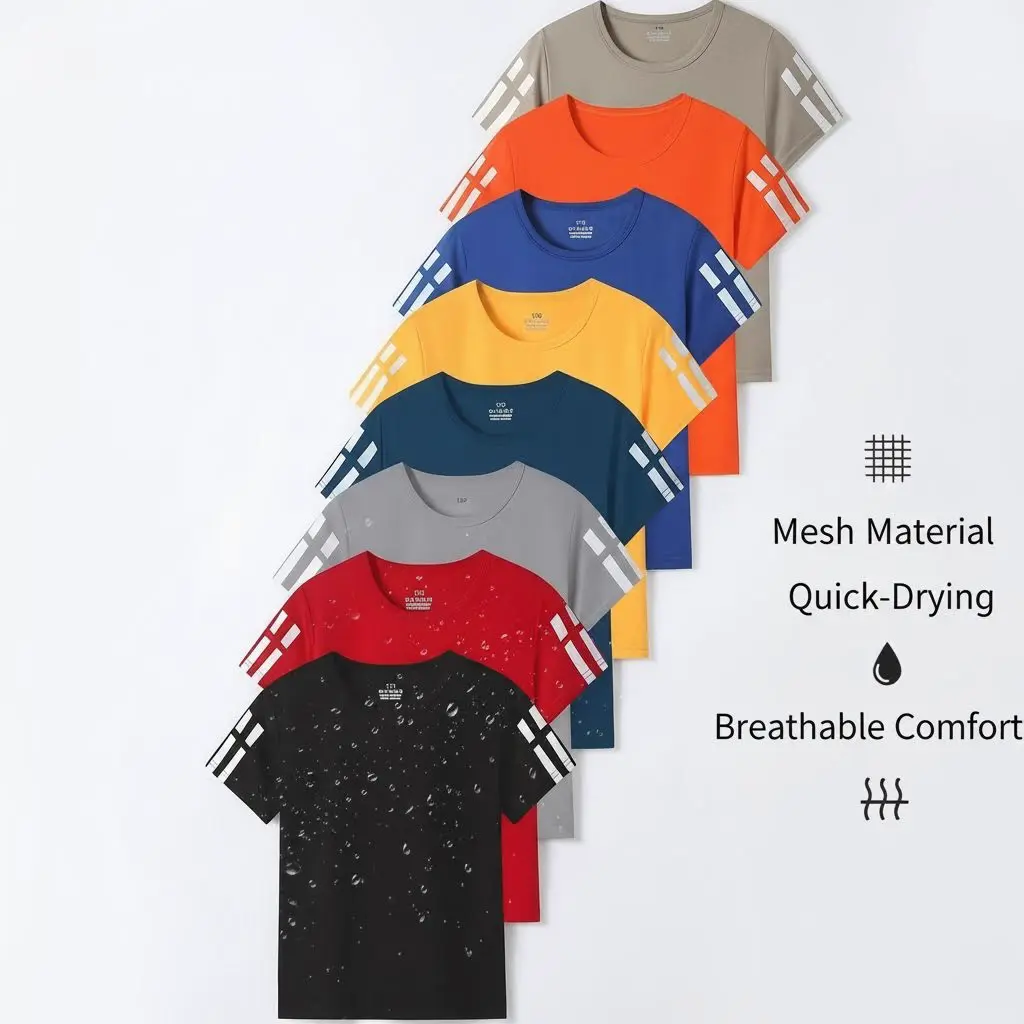 Kids' 8-Pack Child-Sized Boys' T-Shirts with Side Stripes, Quick-Drying Polyester Mesh, Lightweight Medium Stretch Synthetics Tops for Summer Sports & Outdoor Play