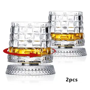 Creative Spinning Whiskey Whisky Glass with Base, Rotating Classic Old Fashioned Clear Transparent Rocks Glass Tumblers for Scotch & Bourbon, Cocktail Glass for Bar, Party, Home, and Gift, Ribbed Glass Tumblers, Whiskey Glasses