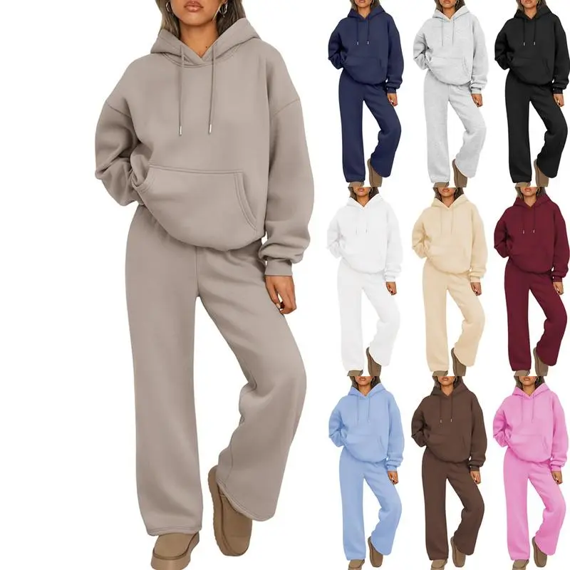 Women's 2-Piece Athleisure Lounge Hoodie Sweatsuit Set, Oversized Sweatshirt & Baggy Pockets Sweatpants, Gym Fashion Elastic Composite Fall Sports Clothing Set, Athleisure Wear, Composite 2-Piece Women's Sports Sweat Suit