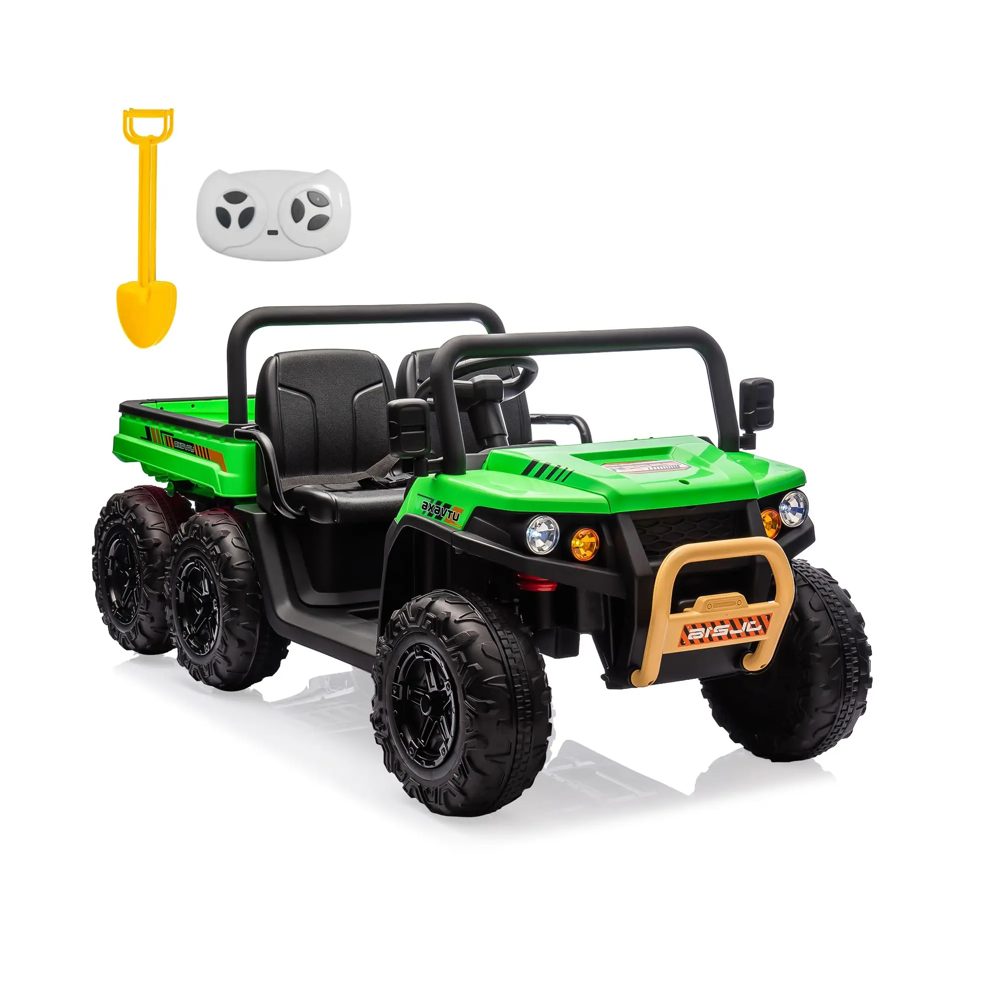 【Christmas Gift】Green 24V 4WD 6-Wheel All-Terrain Ride-on Dump Truck, 2-Seater UTV with Parent Remote Control, Electric Dump Bed & Shovel, Bluetooth Music, LED Headlights for Kids Ages 3-8
