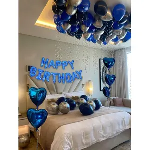 62pcs Blue Birthday Party Decoration Set Includes 16" Happy Birthday Banner 6pcs 18" Foil Heart Balloons Blue Black Silver Latex Balloons Ribbons For Baby Shower Men's Party Graduation Ceremony Viral Photo Backdrop