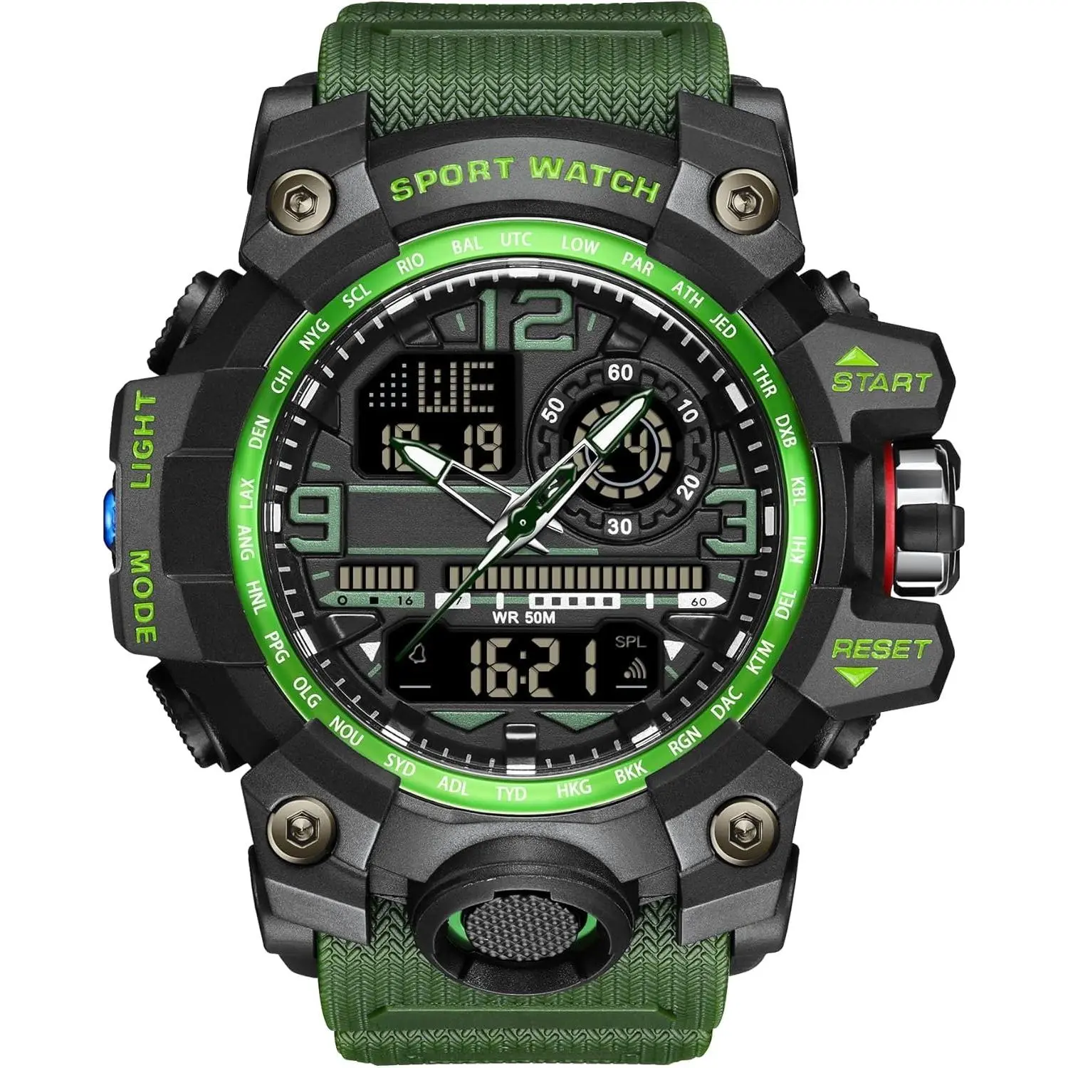 Men's Large Outdoor Sport Waterproof Military Watch with Dual Timezone, Multi-Function, LED Face, Date, Alarm, Stopwatch & Resin Band