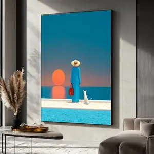 [Sale off up to 40%] [Frame Canvas] Woman and Cat Watching Sunset Canvas, Minimalist Seaside Wall Art, Modern Coastal Home Decor, Relaxing Ocean View Canvas Print