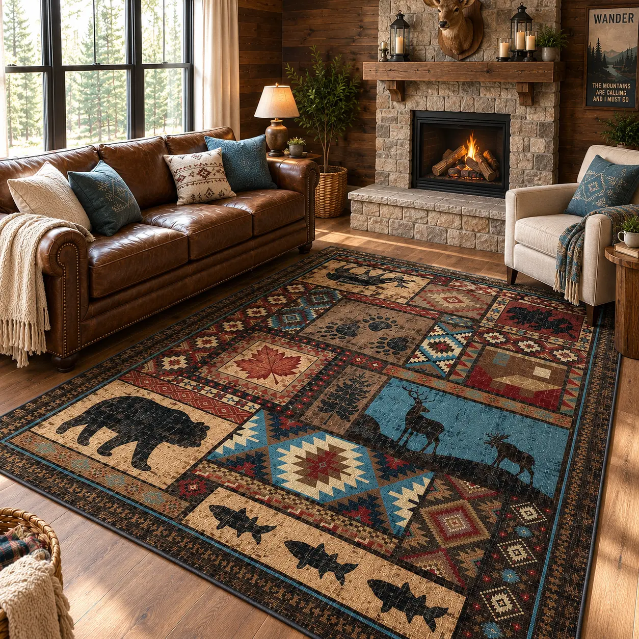 YIHOUSE Machine Washable Large American Retro Low Pile Geometric Rug - Non-Slip, Stain Resistant, Soft Grip Cottage Area Rug for Living Room, Bedroom, Machine Washable Rugs,familyfun
