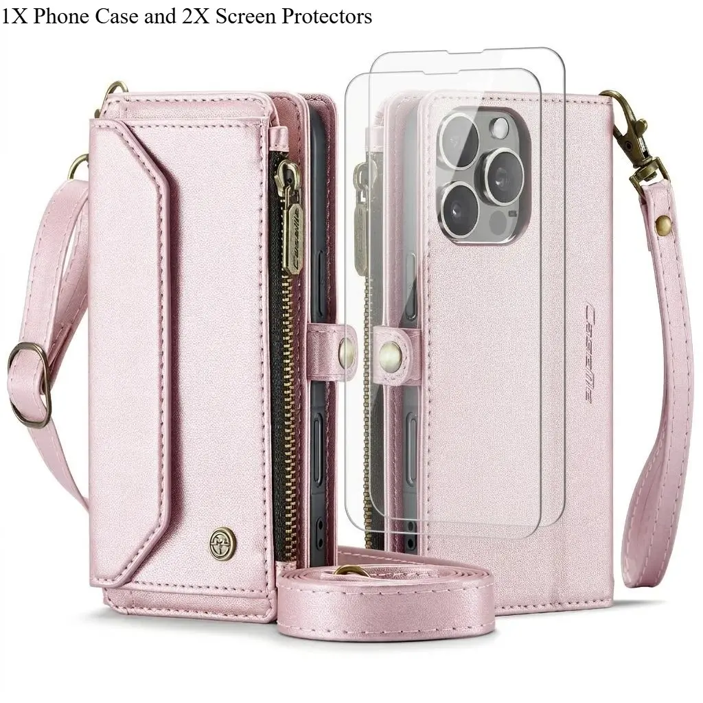 3pcs [1 Protective Phone Case with 2X Clear Screen Protectors] for iPhone 17/16/15/14 Pro Max Plus Pro Case Cover, Protection, Crossbody with RFID Wristband, Removable Shoulder Strap, 7-10 Card Slots, Portable, Unisex Design, Mobile Phone Accessories