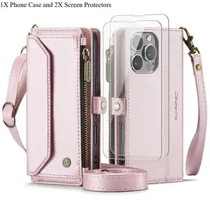 3pcs [1 Protective Phone Case with 2X Clear Screen Protectors] for iPhone 17/16/15/14 Pro Max Plus Pro Case Cover, Protection, Crossbody with RFID Wristband, Removable Shoulder Strap, 7-10 Card Slots, Portable, Unisex Design