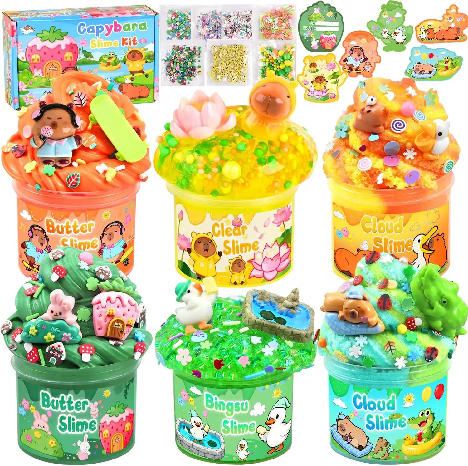 Halloween Fall Gift 6 Pack Capybara Slime Kit, Cloud Butter Clear Crunchy Slime with Slime Add-Ins, Non-Sticky Bingsu Slime Toys for Stress Relief, DIY Capybara Party Favors for Birthday Goodie Bag Stuffers