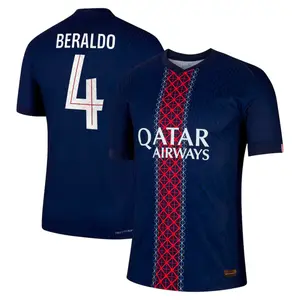 Blue Color PSG Beraldo Home Soccer Shirt, PSG Beraldo Dark Blue Navy Home Short Sleeve Soccer Jersey