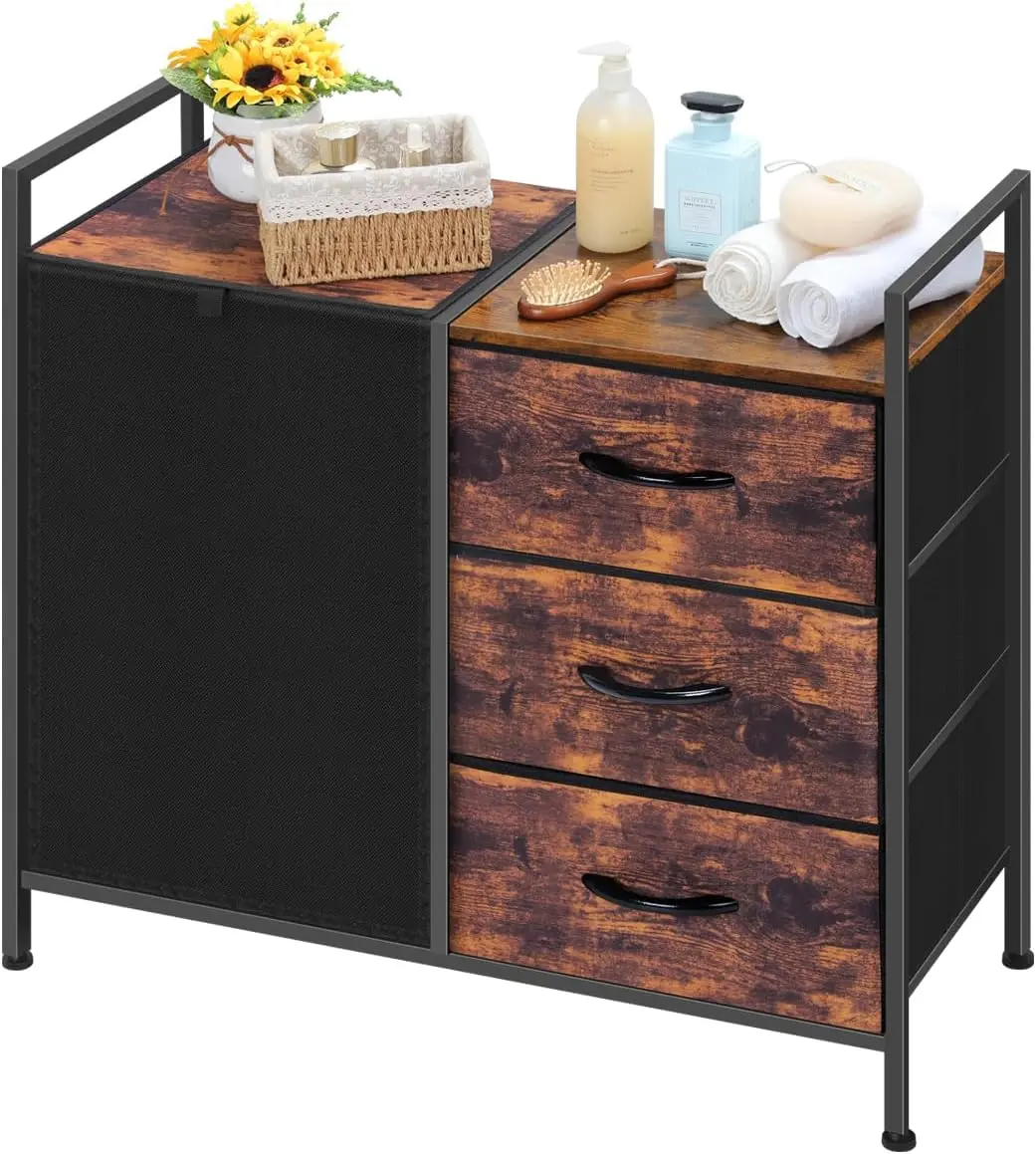 Rustic Brown Laundry Basket with 3-Tier Sliding Shelves - Folding Storage Sorter for Bathroom, Laundry Room Organization of Dirty Clothes, Towels, Toys, Three Tiers