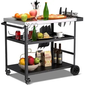 Homgava Outdoor Grill Cart with Pizza Oven Stand Table and Wheels, Movable Kitchen Cooking Prep Table, BBQ Cart with Mesh Racks for Home Party, Bar, Camping, Patio Dining Cart