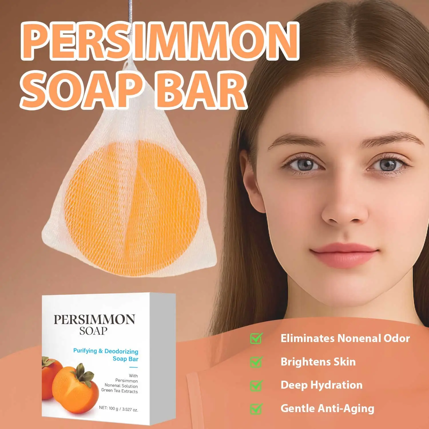 Persimmon Soap Bar, Cleansing Deodorizing Soap, Natural Deodorant Soap, Nonenal Solution, Japanese Persimmon and Green Tea Extract, For Men and Women, Gentle on All Skin Types, Natural Body Odor Soap, Odor Protection, Body Care
