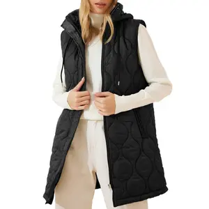EVALESS Long Puffer Vest Jacket for Women,Zip Up Sleeveless Hooded Puffer Jacket,Lightweight Quilted Winter Coat Outerwear,2026 Womenswear Fall Winter Outfits Chic Tops